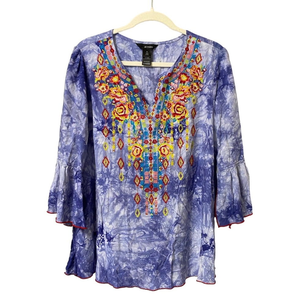 Ali Miles Blue Tie-Dye Blouse with Colorful Embroidery